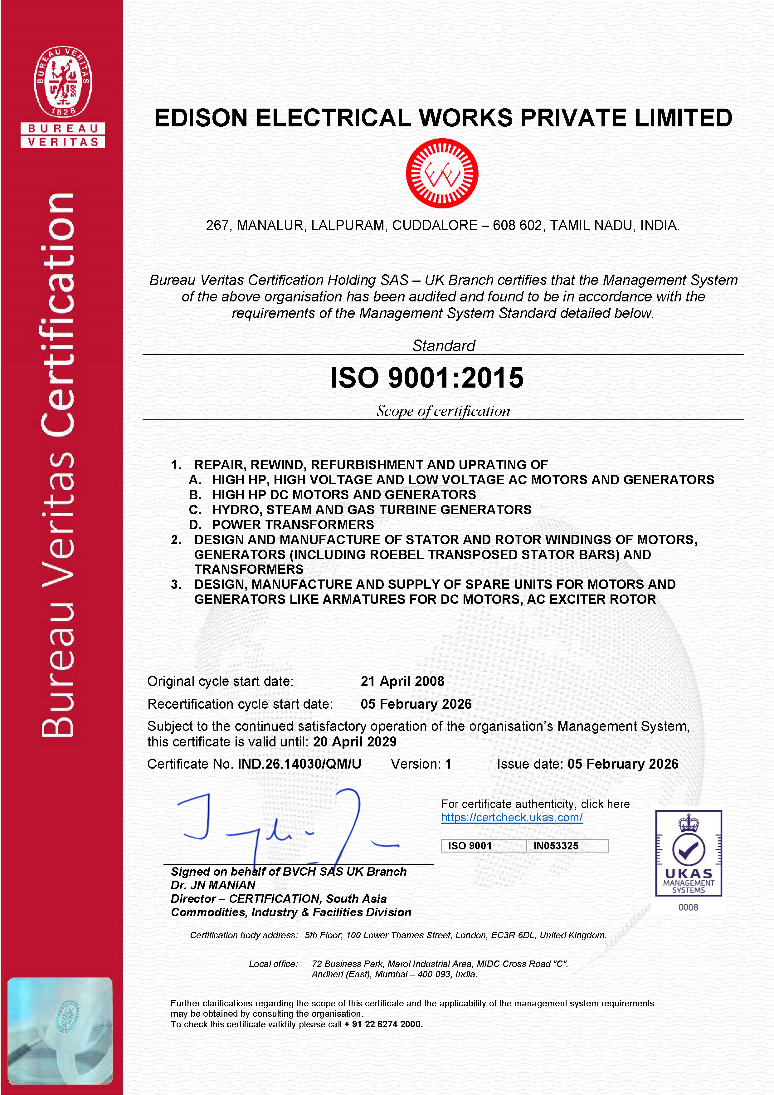 ISO 9001-2015 Upto 20 Apr 2026